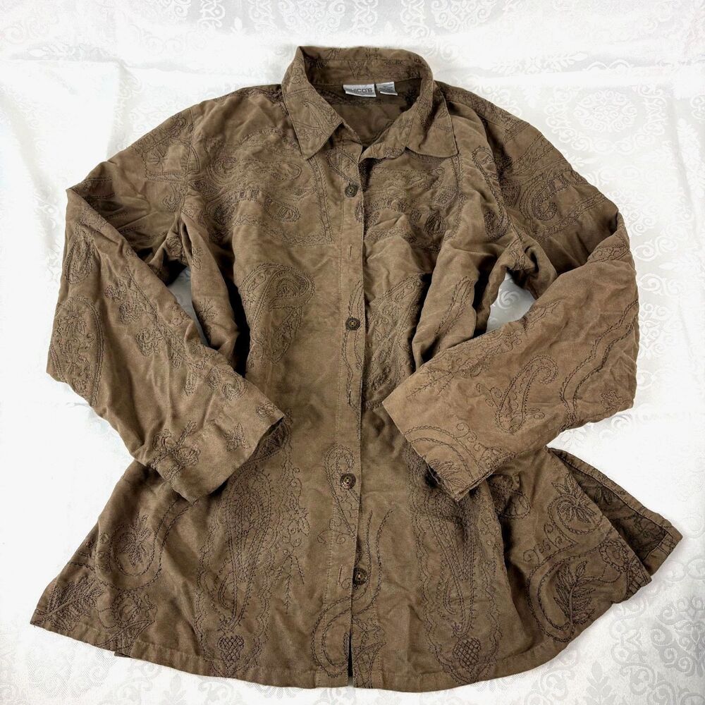 Chico's Paisley Button Up Western Faux Suede Embroidered Shacket Size 2 Large
